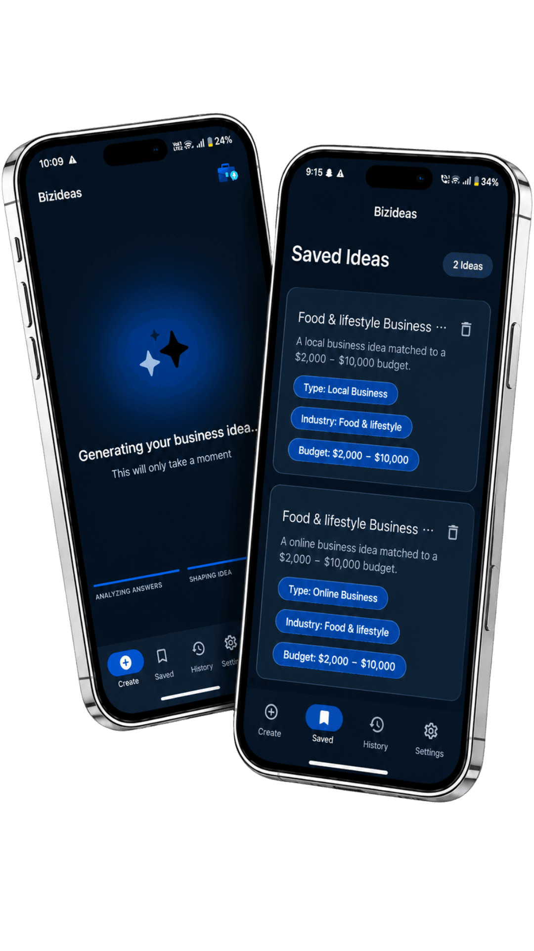 BizIdeas AI business idea generator mobile app